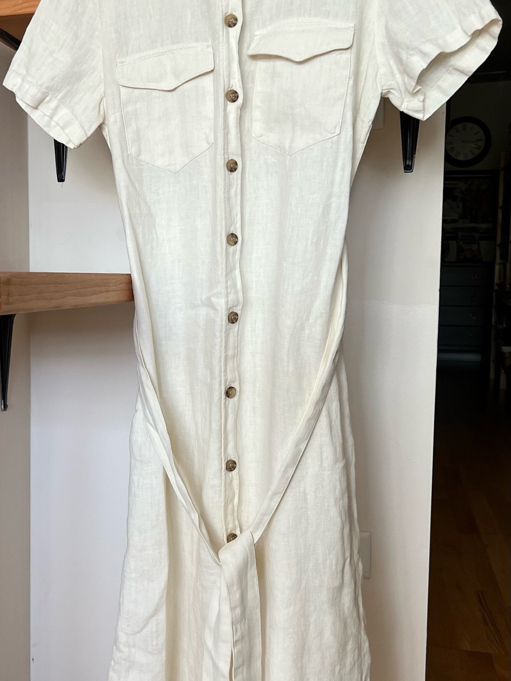 Classic Belted Button-Front Cream Linen Dress